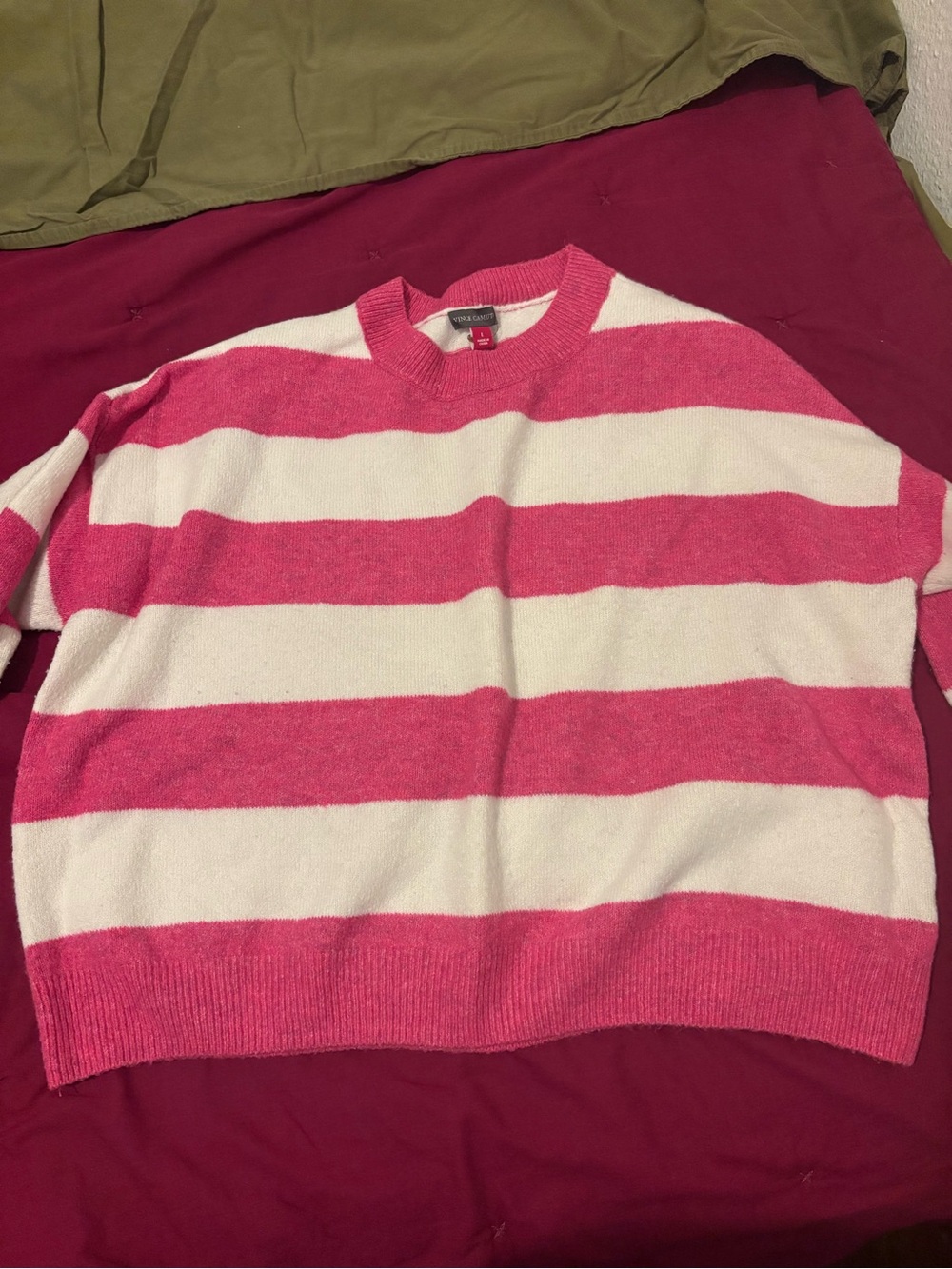 Vince Camuto Pink and White Striped Crewneck Sweater